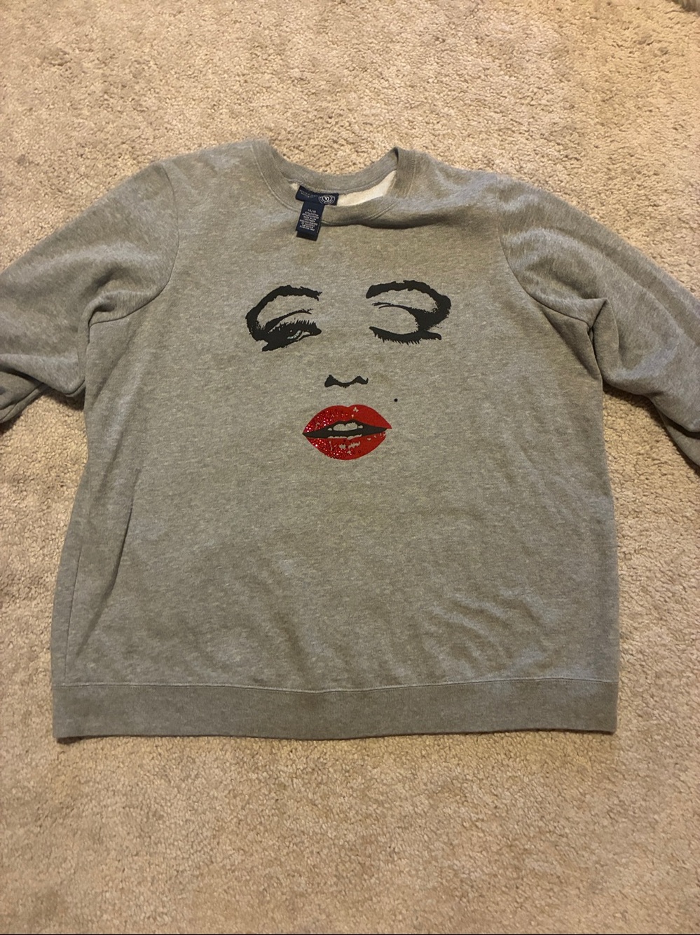 Marilyn Monroe Gray Sweatshirt Blue Eyes, Red Lips and Black Mole all Crystals.